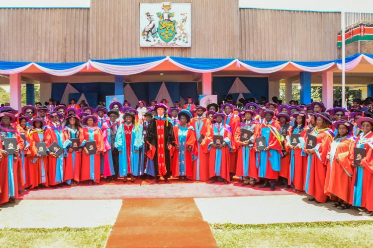 L-R: The Chair of Council, Prof Chacha Nyaigotti-Chaca, PS, Dr. Beatrice Inyangala, the Chancellor, Prof Patrick Verkooijen and the VC, Prof Margaret Hutchinson take a group photo with PhD graduands after the 73rd Graduation Ceremony.