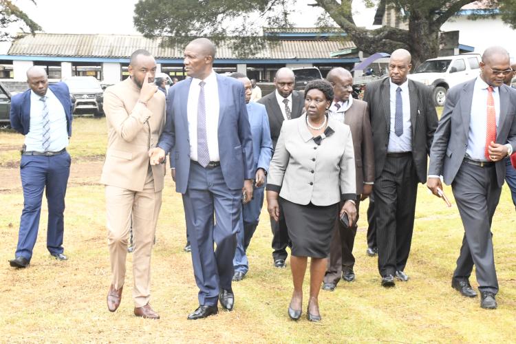 The Vice Chancellor (Ag) Prof Margaret Hutchinson, HE Governor, Moses Badilisha, UoN and County staff tour the proposed Nyandarua University College grounds.