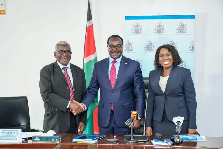 New Chair of Council, Prof Chacha Nyaigotti-Chacha is congratulated by Education CS, Hon Julius Ogamba together with the PS, Dr. Beatrice Inyangala.