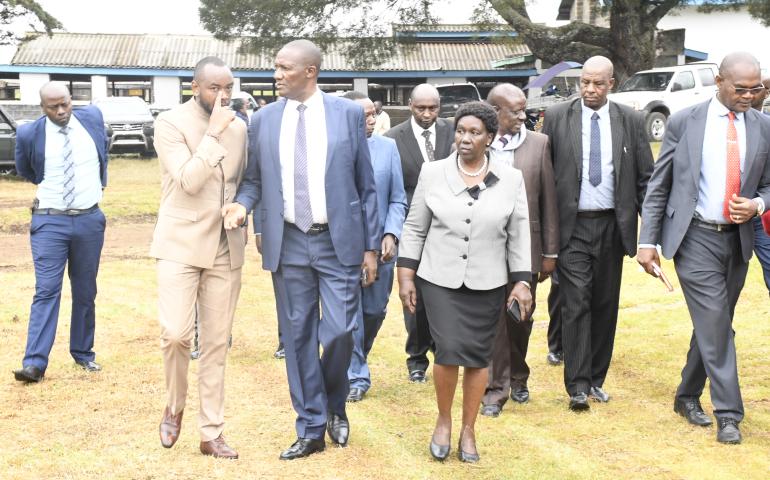 The Vice Chancellor (Ag) Prof Margaret Hutchinson, HE Governor, Moses Badilisha, UoN and County staff tour the proposed Nyandarua University College grounds.